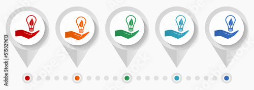 Light, idea, hand with bulb concept vector icons, editable infographic template, set of colorful flat design pointers