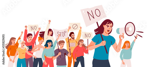 Protesting people at a rally, parade or political meeting. A crowd of angry people with placards and a megaphone is protesting. Protest. Flat vector illustration.