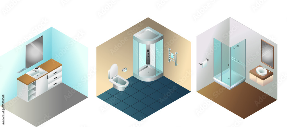 vector set of bathroom furniture isometry, shower, toilet
