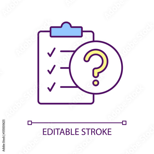 Inquirer RGB color icon. List of questions. Record information. Doubtful answers. Document. Isolated vector illustration. Simple filled line drawing. Editable stroke. Arial font used