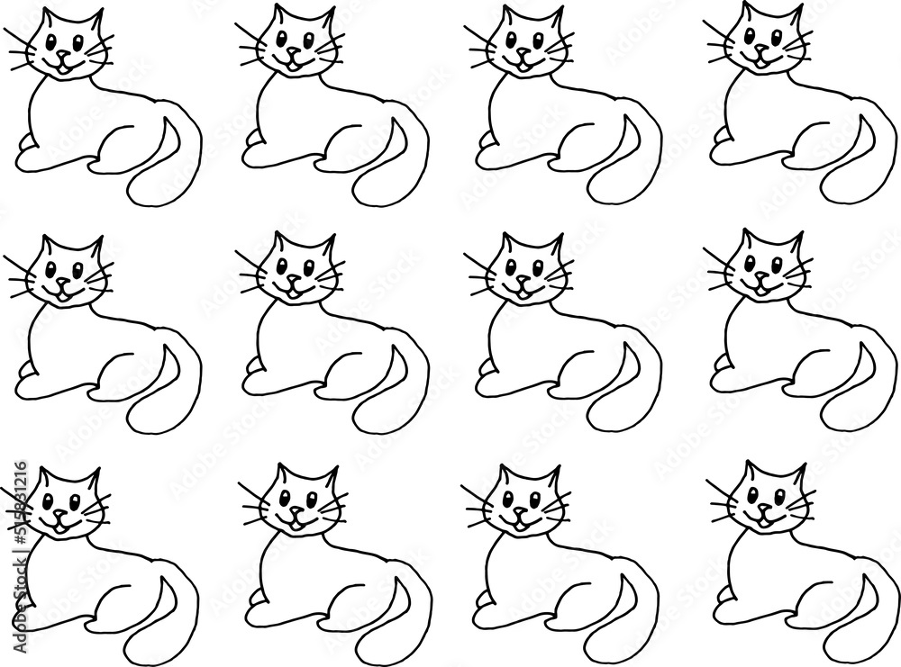 Cats drawn black marker on white paper. Cats background. Wrapping paper for gifts. Seamless pattern with domestic animal.