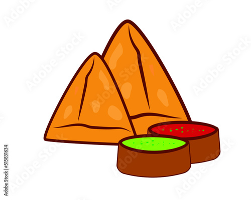 two Samosa with green and red sauce Chatani Indian street food. Hand drawn . Samosa is vary famous food loved by most of the Indian. Samosa vector 