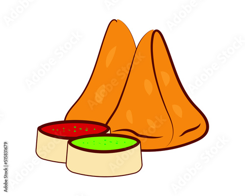 two Samosa with green and red sauce Chatani Indian street food. Hand drawn . Samosa is vary famous food loved by most of the Indian. Samosa vector 