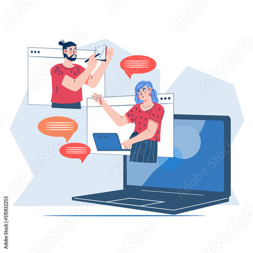 Video chat and online communication app concept, flat vector illustration isolated on white background. Videoconference and web communication.