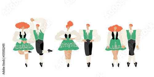 Set of vector illustrations of young people dancing Irish dances in traditional dress.