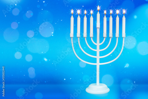 Jewish Hanukkah Menorah 9 Branch Candlestick. Holiday Candle Holder. Nine-arm candlestick. Traditional Hebrew Festival of Lights candelabra. Background for design with copy space