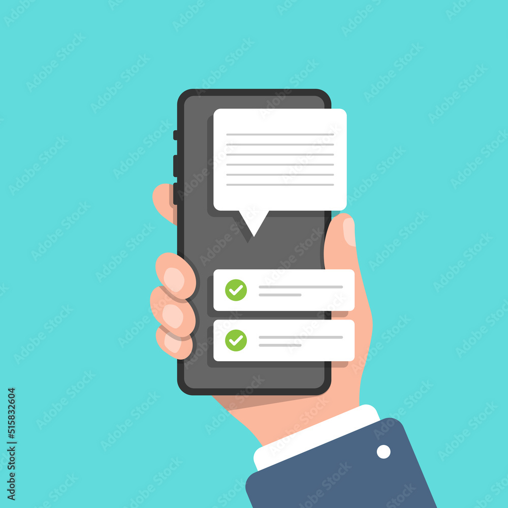 Hand holding smartphone icon in flat style. Checkbox approved vector illustration on isolated background. Checkmark confirm sign business concept. Hand holding smartphone icon in flat style. Checkbox approved vector illustration on isolated background. Checkmark confirm sign business concept.