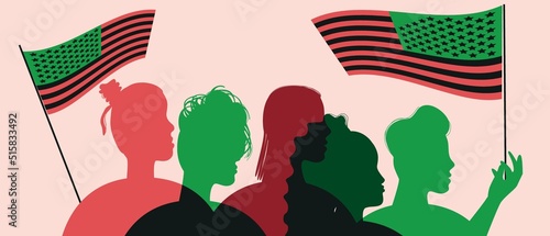 Silhouettes of African Americans with Black Liberation flag celebrate Independence Day, flat vector stock illustration with people on parade