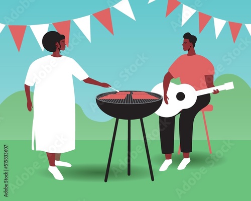 African couple and cookouts as Juneteenth celebrations, flat vector stock illustration