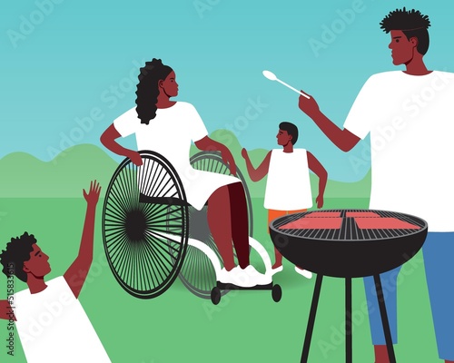 African inclusive family and cookouts like Juneteenth celebrations, flat vector stock illustration with happy parents and children