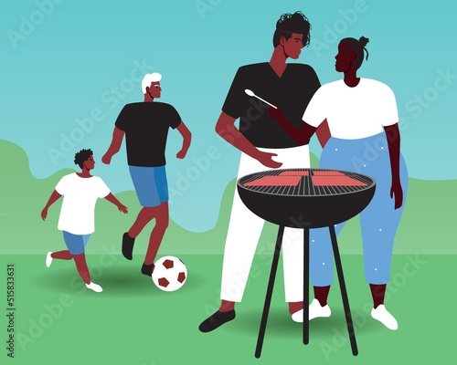 African family and cookouts as Juneteenth celebrations, flat vector stock illustration as family reunions in park near grill