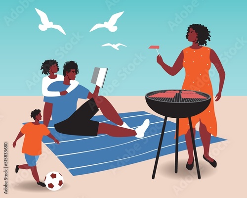 African family with children and cookouts like Juneteenth celebrations, flat vector stock illustration with reading, sports and grill