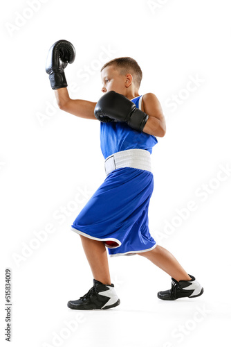 Sportive little boy, kid in boxer gloves and shorts training isolated on white studio background. Concept of sport, movement, studying, achievements, lifestyle. © master1305