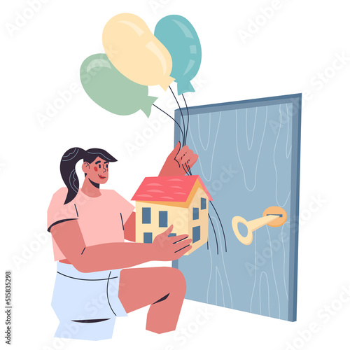 Property purchasing and home moving, flat vector illustration isolated on white background. New dwelling or housewarming party, home moving.