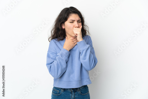 Teenager Russian girl isolated on white background coughing a lot
