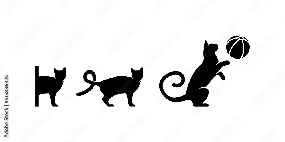 Silhouette logo design of cats playing ball, cat lovers, pet animals