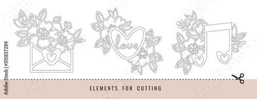 Envelope, heart, note and flowers. Elements for decoration. Templates for cutting paper, plotter or laser cutting.