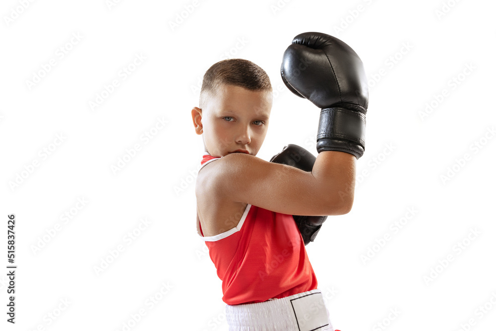 Portrait of active boy, beginner boxer in sports gloves and red uniform isolated on white background. Concept of sport, movement, studying, achievements, lifestyle. Portrait of active boy, beginner boxer in sports gloves and red uniform isolated on white background. Concept of sport, movement, studying, achievements, lifestyle.