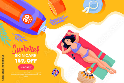 Woman sunbathing with tube of sunscreen. Poster or banner with liquid sunblock cream background. Vector illustration