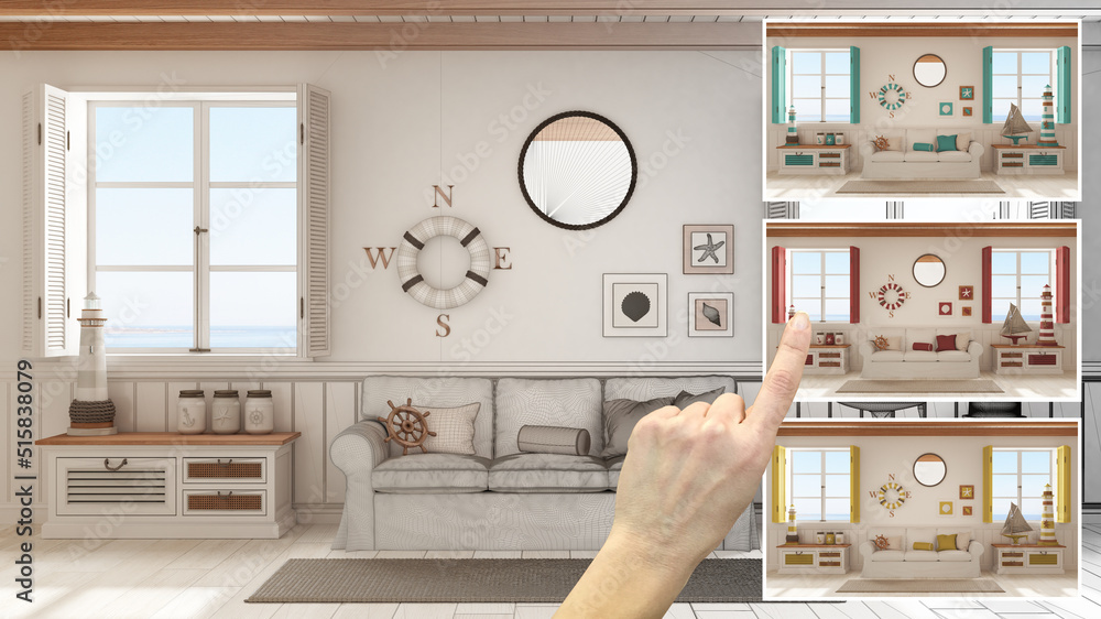 Architect designer concept, hand showing living room, sofa, panoramic ...