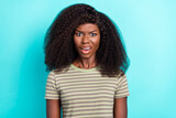 Photo of shocked impressed girl dressed green t-shirt open mouth isolated teal color background