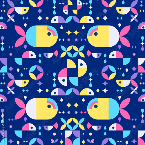 Neon fishes. Seamless geometric pattern with bright fishes in neo geo style on a blue background. Great for modern style home decor, accessories, clothes and bags and other projects.