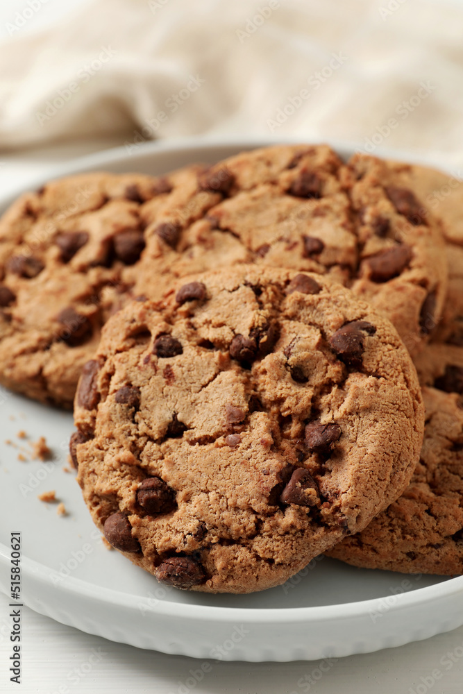 Delicious chocolate chip cookies on plate, closeup Delicious chocolate chip cookies on plate, closeup