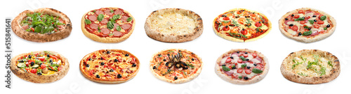 Set with different delicious pizzas on white background. Banner design