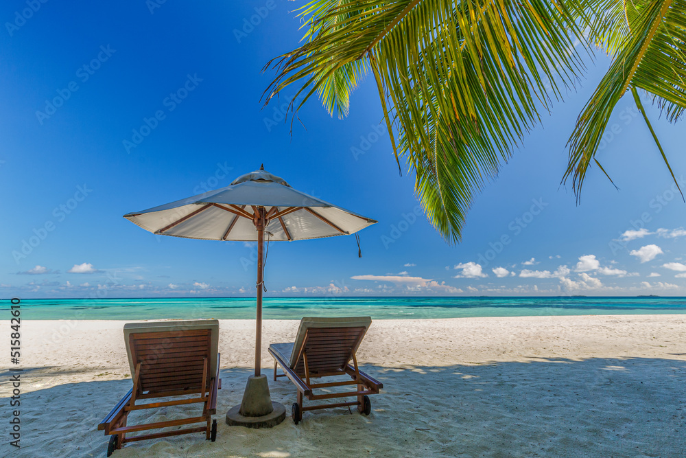Amazing vacation beach. Chairs on the sandy beach near the sea. Summer romantic holiday tourism. Beautiful tropical island landscape. Tranquil shore scenery, relax sand seaside horizon, palm leaves
