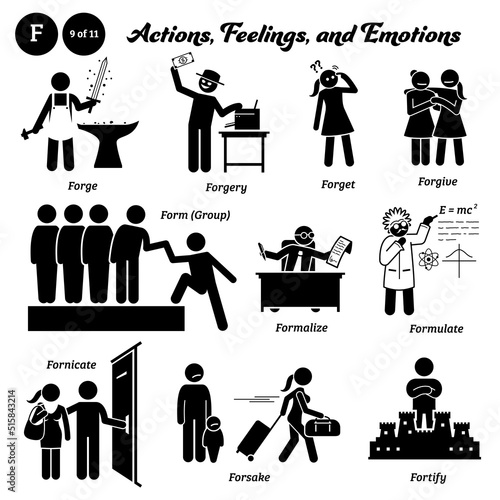 Obraz na płótnie Stick figure human people man action, feelings, and emotions icons alphabet F