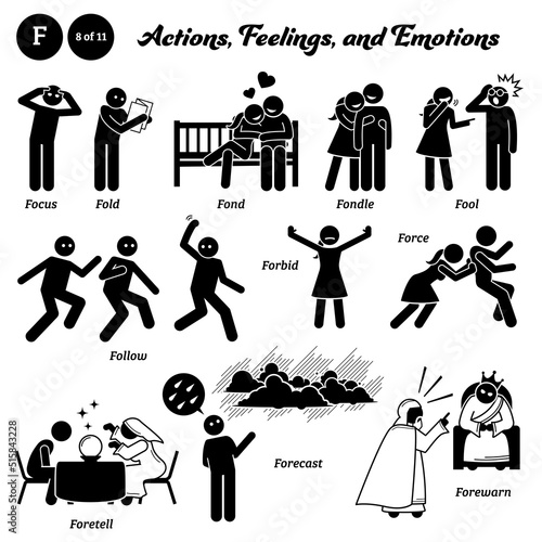 Stick figure human people man action, feelings, and emotions icons alphabet F. Focus, fold, fond, fondle, fool, follow, forbid, force, foretell, forecast, and forewarn.