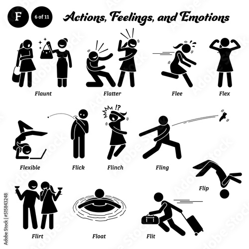 Stick figure human people man action, feelings, and emotions icons alphabet F. Flaunt, flatter, flee, flex, flexible, flick, flinch, fling, flirt, float, flit, and flip.