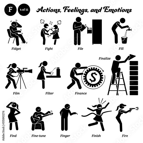 Stick figure human people man action, feelings, and emotions icons alphabet F. Fidget, fight, file, fill, film, filter, finance, finalize, find, fine tune, finger, finish, and fire.