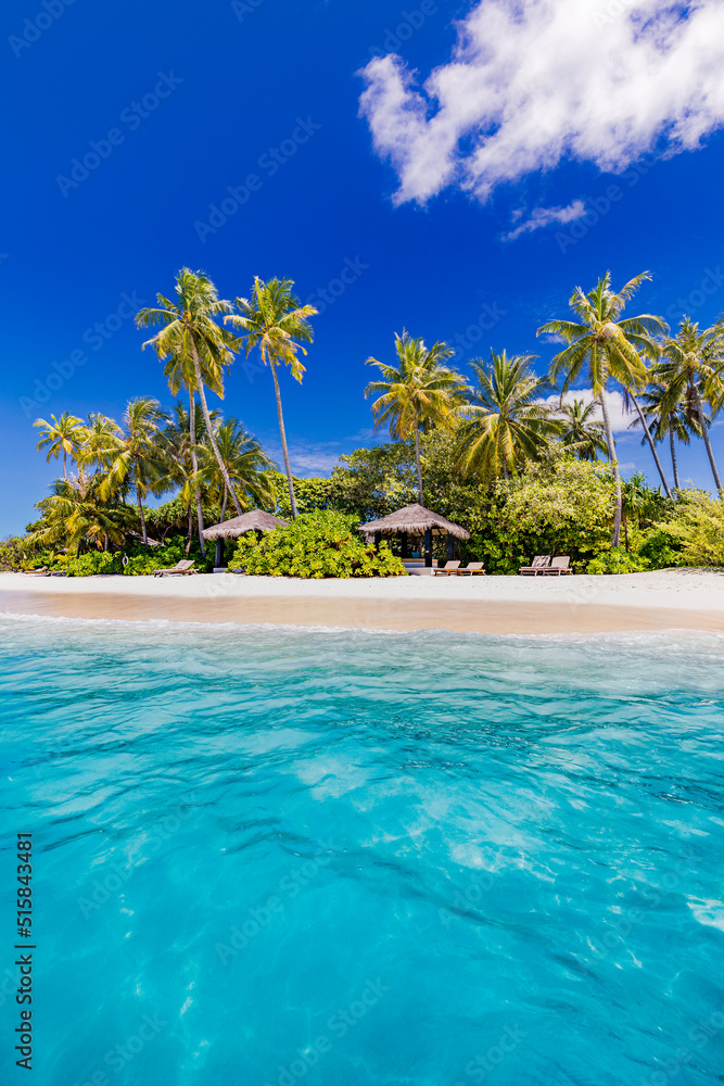 Paradise island beach. Tropical landscape of summer scenery, sea sand sky palm trees. Luxury travel vacation destination. Exotic beach landscape. Amazing nature, relax, freedom nature concept Maldives