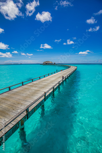Maldives paradise background. Tropical aerial landscape, seascape with long pier, water villas, amazing sea sky and lagoon beach, tropical nature. Exotic tourism destination banner, summer vacation © icemanphotos