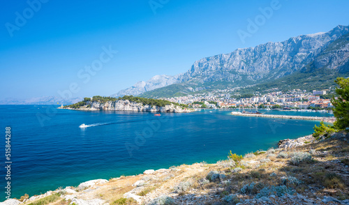 view on Makarska town and Biokovo mountains in Dalmatia in Croatia