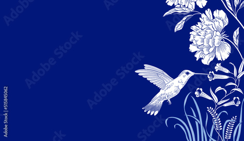 Bird and Flowers vector illustration. Interior, fabric print, stamp, engraving, stencil, packaging. Flying Hummingbird colibri