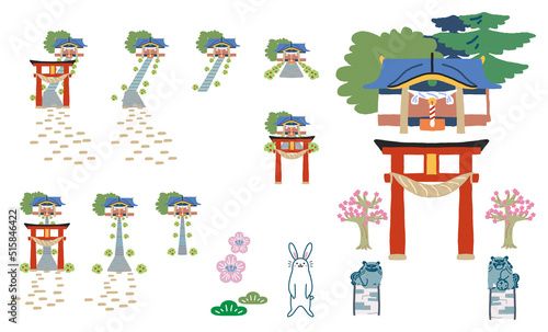 神社と鳥居、参道をいろいろな組み合わせで組み合わせたイラスト　セット　イラスト素材
