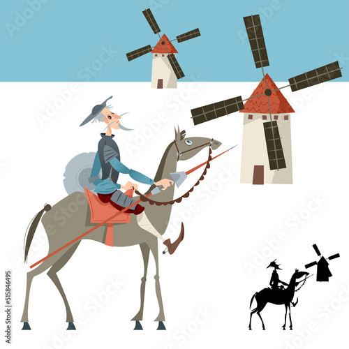 Knight-errant Don Quixote and windmills