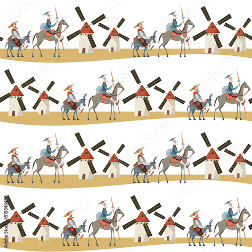 Knight-errant Don Quixote with his servant, Sancho Panza and windmills. Seamless background pattern photo