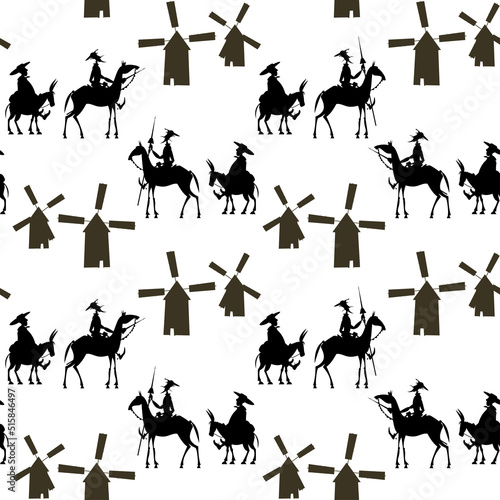 Knight-errant Don Quixote with his servant  Sancho Panza and windmills. Black and white. Seamless background pattern
