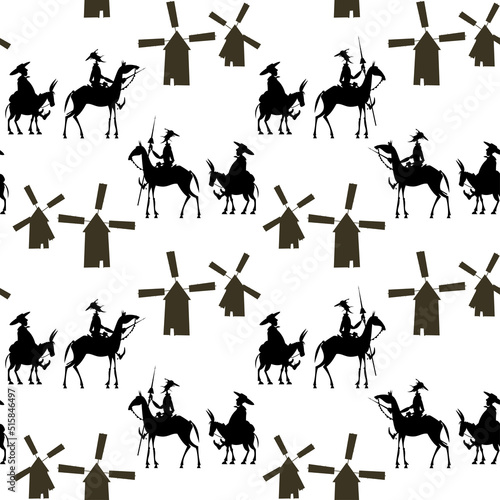 Knight-errant Don Quixote with his servant, Sancho Panza and windmills. Black and white. Seamless background pattern