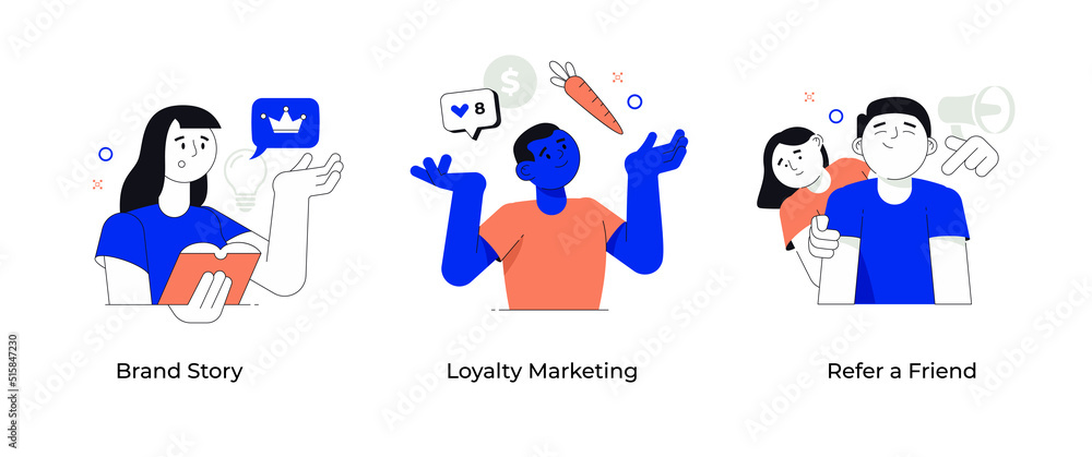 Fototapeta premium Customer loyalty in online business. Set of concepts. Brand story. Loyalty marketing. Refer a friend. Visual scenes for storytelling