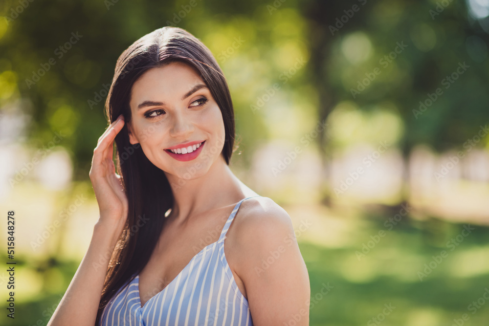 Photo of cheerful good mood charming gorgeous feminine lady spend free time outdoors Photo of cheerful good mood charming gorgeous feminine lady spend free time outdoors