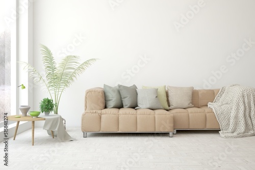 Fototapeta Naklejka Na Ścianę i Meble -  Modern living room in white color with sofa. Scandinavian interior design. 3D illustration