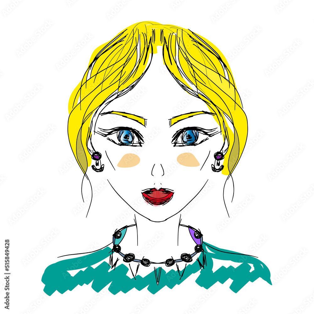 Blonde girl with blue eyes, red lipstick, model, sketch Blonde girl with blue eyes, red lipstick, model, sketch