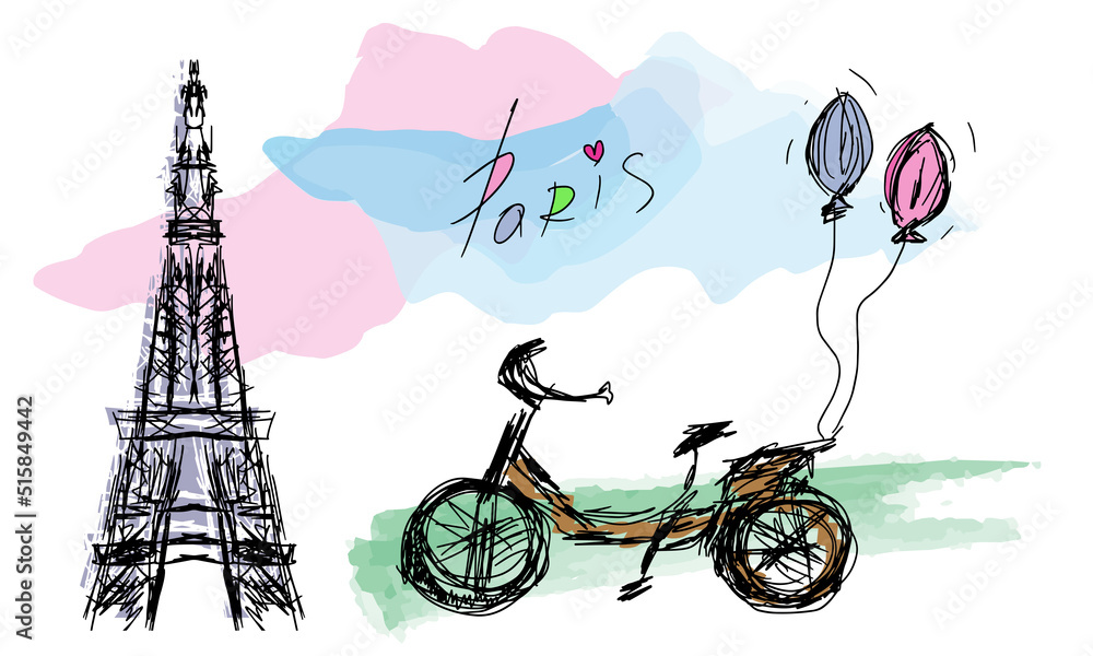 Eiffel Tower, Paris, love, bicycle, two balloons, sketch, freehand drawing
