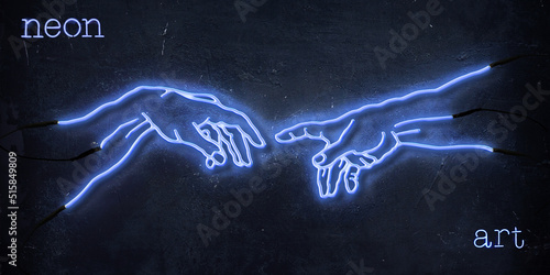 Concept illustration of blue neon illuminated sign illustration of reaching hands isolated on black wall background.