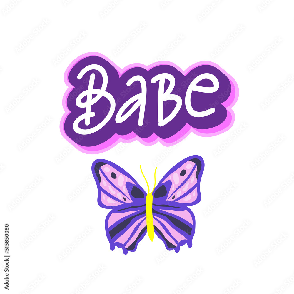 y2k bling retro aesthetic sticker with butterfly. Cute lettering Babe