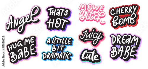 Retro hipster y2k aesthetic sticker set. Cute Glamorous lettering in 2000 style.